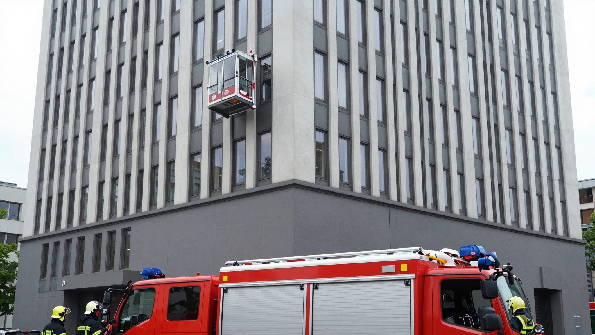 Feuerwehr befreit zwei Fensterputzer aus defekter Gondel in 200 Metern Höhe in Frankfurt