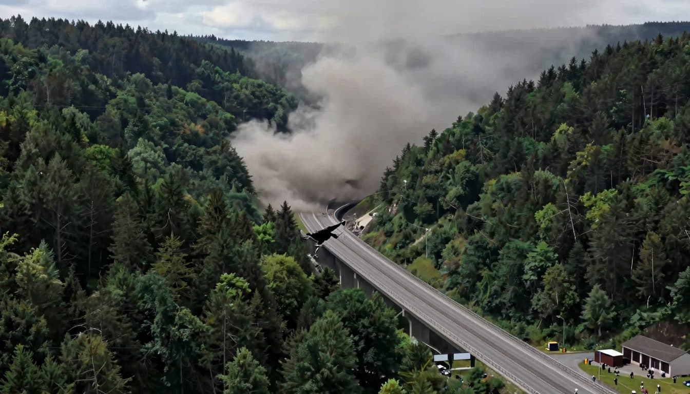 Talbrücke Ottfingen an der A45 nach gescheiterter erster Sprengung kontrolliert zu Fall gebracht